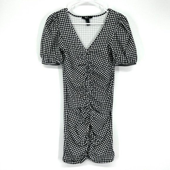 Forever 21 Dress Black White Gingham Ruched Mini Short Sleeve VNeck - Picture 4 of 12